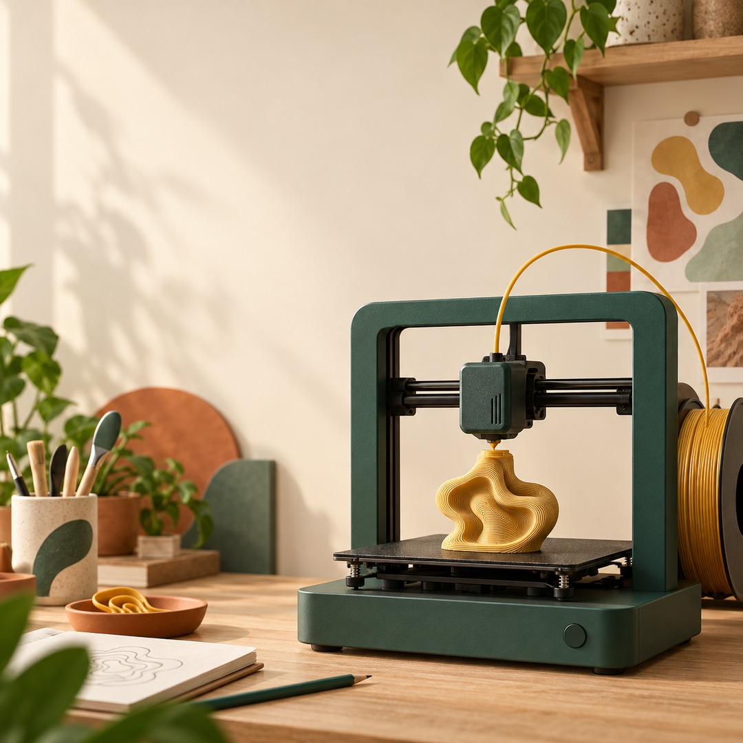Banner Capoli 3D: uma impressora 3D verde dando forma a uma peça orgânica dourada em um ateliê